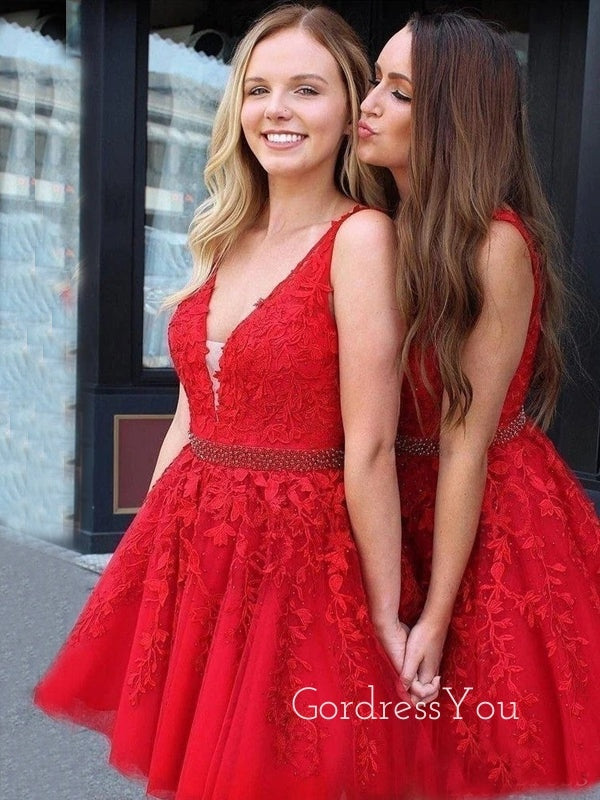 Red Tulle Appliques A-line Beaded V-neck Short Homecoming Dresses, HM1007