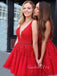 Red Tulle Appliques A-line Beaded V-neck Short Homecoming Dresses, HM1007