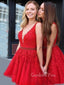 Red Tulle Appliques A-line Beaded V-neck Short Homecoming Dresses, HM1007