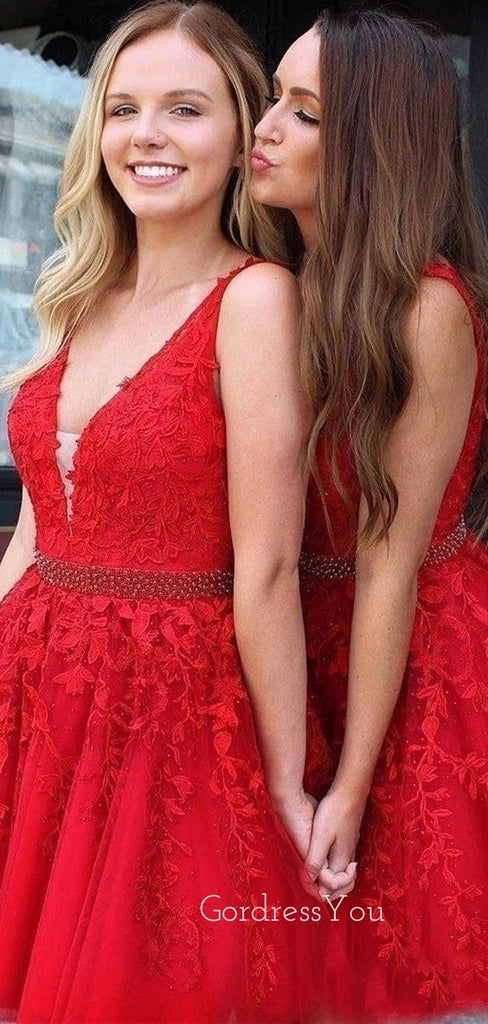 Red Tulle Appliques A-line Beaded V-neck Short Homecoming Dresses, HM1007