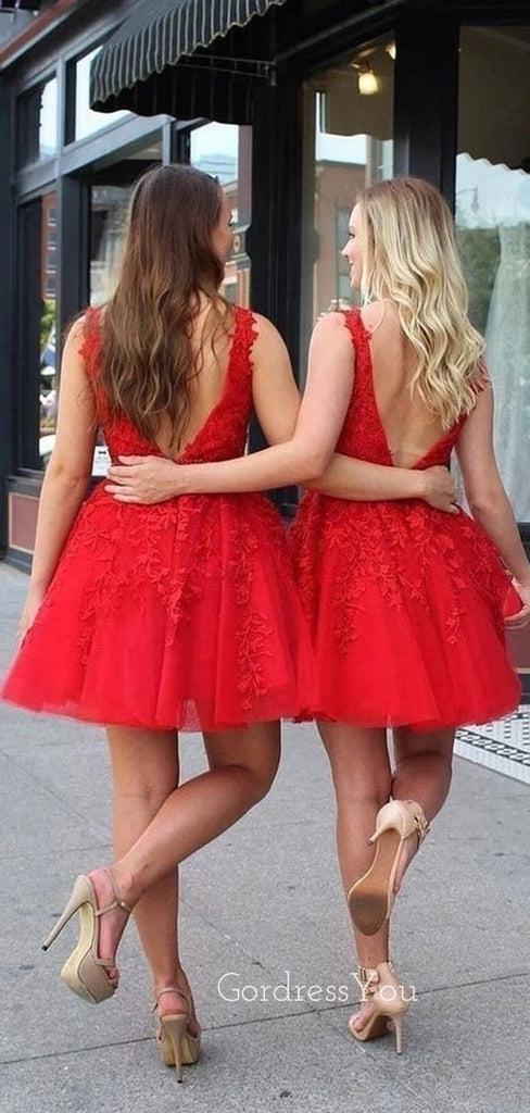 Red Tulle Appliques A-line Beaded V-neck Short Homecoming Dresses, HM1007