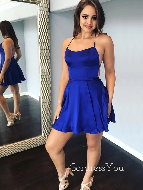 Sexy Spaghetti Straps Royal Blue Satin Short Backless Homecoming Dresses, HM1008