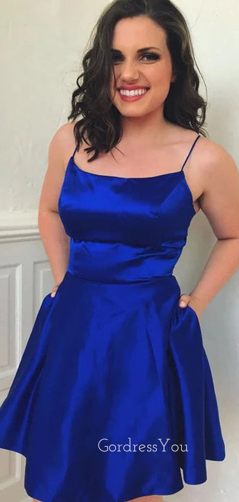 Sexy Spaghetti Straps Royal Blue Satin Short Backless Homecoming Dresses, HM1008