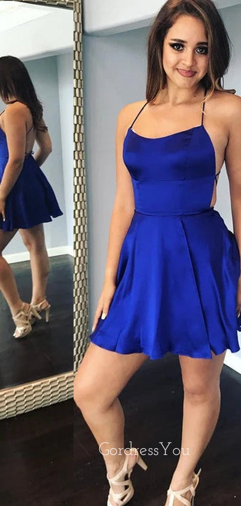 Sexy Spaghetti Straps Royal Blue Satin Short Backless Homecoming Dresses, HM1008