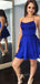 Sexy Spaghetti Straps Royal Blue Satin Short Backless Homecoming Dresses, HM1008