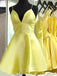 Yellow Satin Spaghetti Straps Short V-neck Homecoming Dresses, HM1009