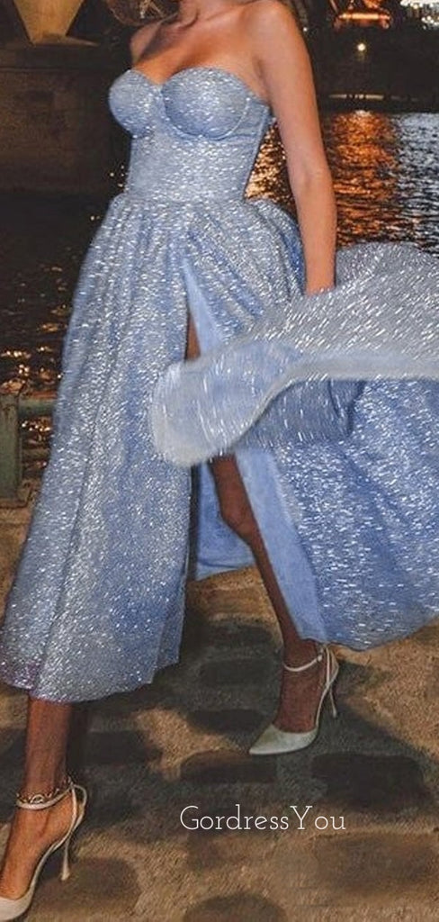 A-line Dusty Blue Sparkly Short Side Slit Strapless Homecoming Dresses, HM1010