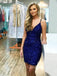 Royal Blue Sequins Spaghetti Straps V-neck Short Homecoming Dresses, HM1018