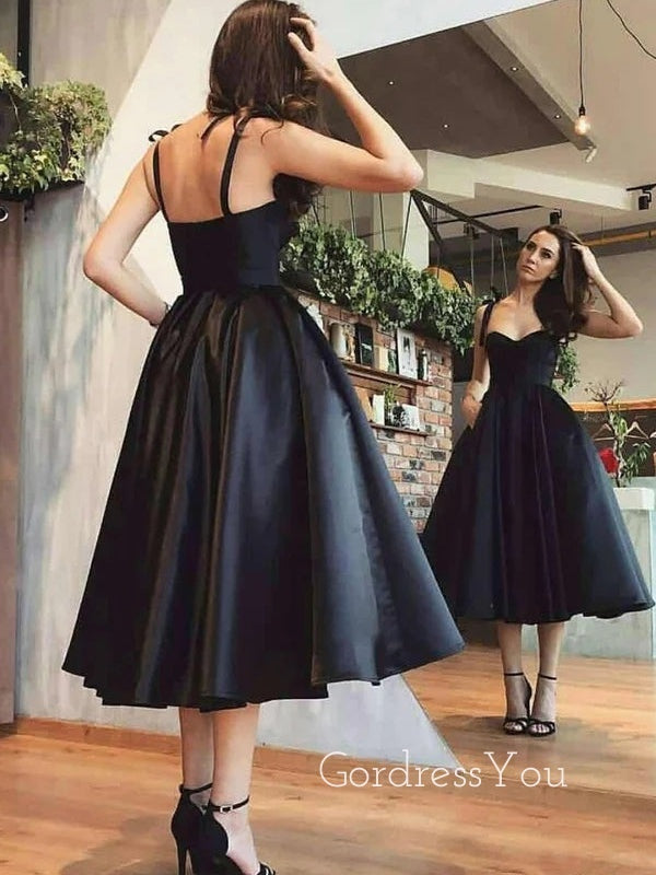 A-line Black Satin Spaghetti Straps Sweet Heart Short Homecoming Dresses, HM1020