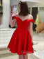 Red Satin A-line Off Shoulder Sweet Heart Short Homecoming Dresses, HM1021