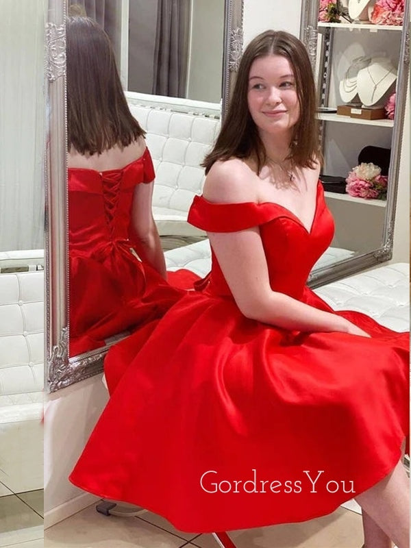 Red Satin A-line Off Shoulder Sweet Heart Short Homecoming Dresses, HM1021