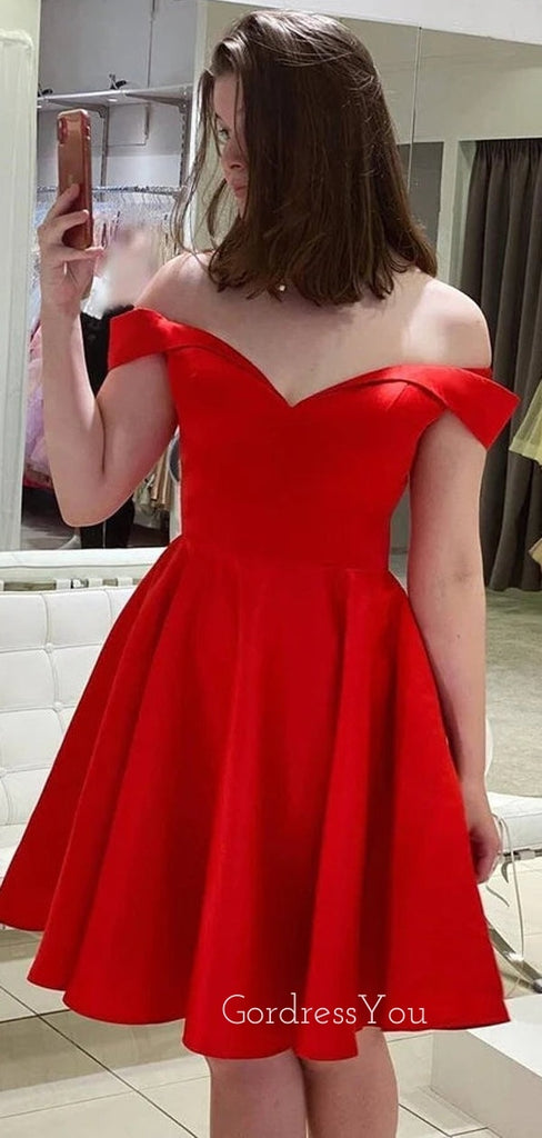 Red Satin A-line Off Shoulder Sweet Heart Short Homecoming Dresses, HM1021