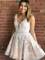 A-line Champagne Tulle Appliques Short V-neck Homecoming Dresses, HM1022