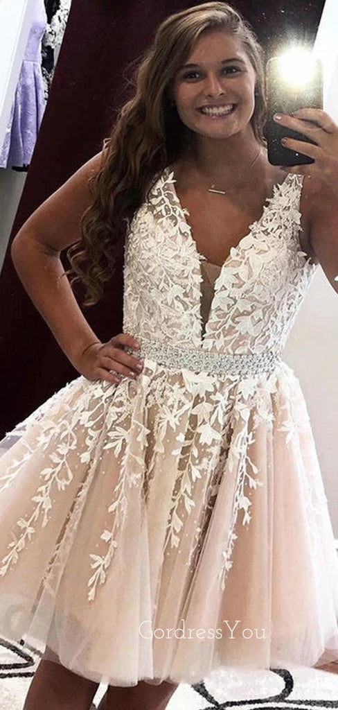 A-line Champagne Tulle Appliques Short V-neck Homecoming Dresses, HM1022