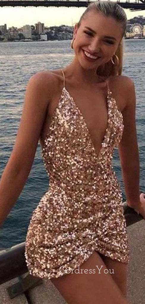 Sexy Deep V-neck Spaghetti Straps Sequins Short Backless Homecoming Dresses, HM1023