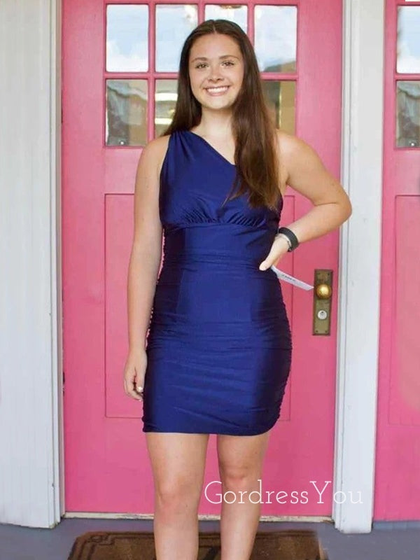 One Shoulder Navy Blue Backless Short Homecoming Dresses, HM1026