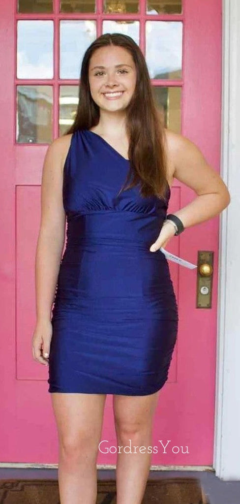 One Shoulder Navy Blue Backless Short Homecoming Dresses, HM1026