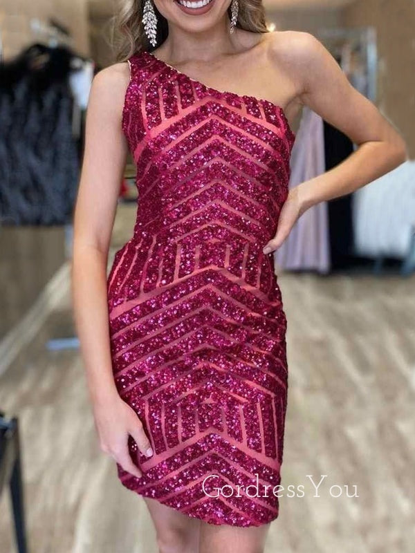 One Shoulder Burgundy Sequins Short Backless Homecoming Dresses, HM1027