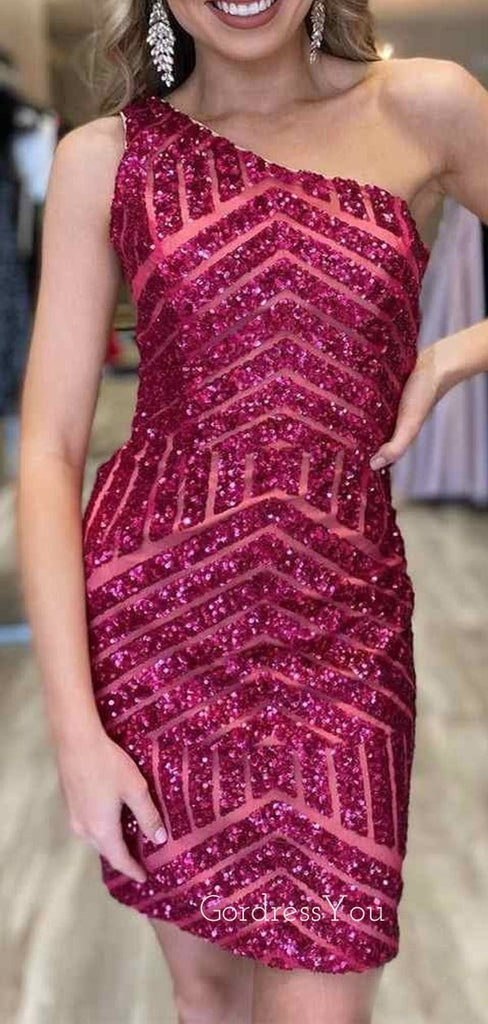 One Shoulder Burgundy Sequins Short Backless Homecoming Dresses, HM1027