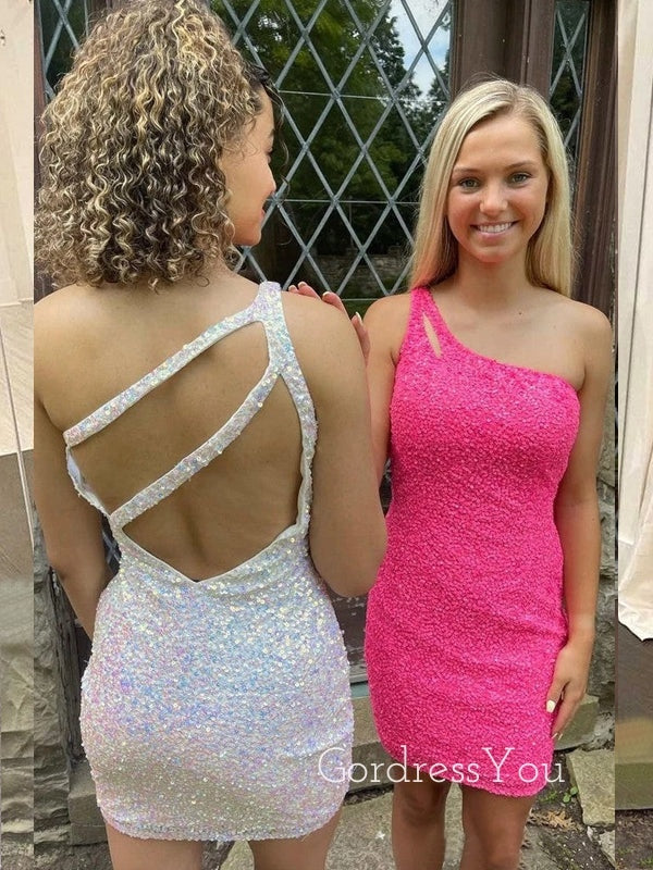 One Shoulder Hot Pink/White Sequins Short Homecoming Dresses, HM1028