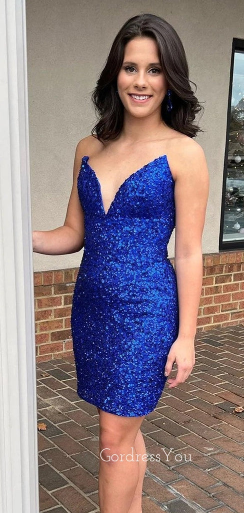 Simple Strapless Royal Blue Sequins Short V-neck Homecoming Dresses, HM1031