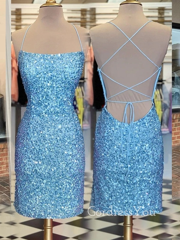 Blue Sequins Spaghetti Straps Short Backless Homecoming Dresses, HM1032