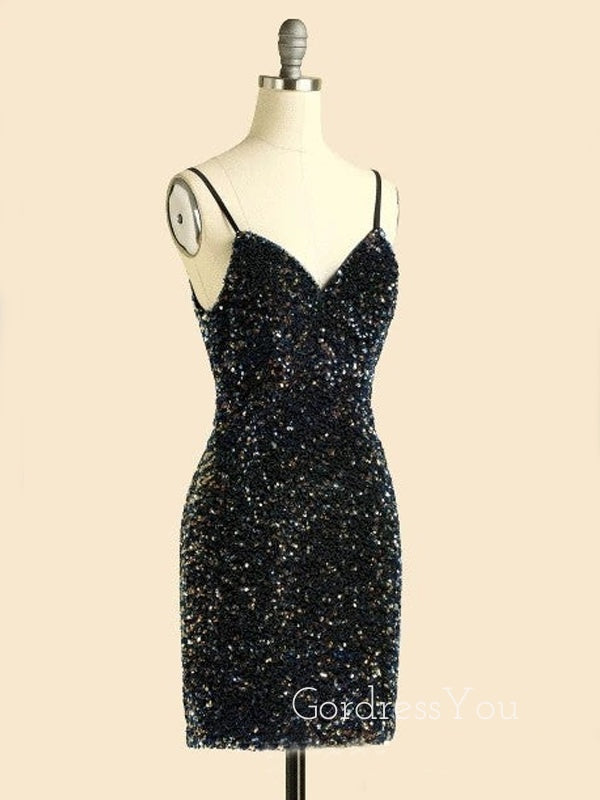 V-neck Spaghetti Straps Black Sequins Short backless Homecoming Dresses, HM1034