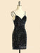 V-neck Spaghetti Straps Black Sequins Short backless Homecoming Dresses, HM1034