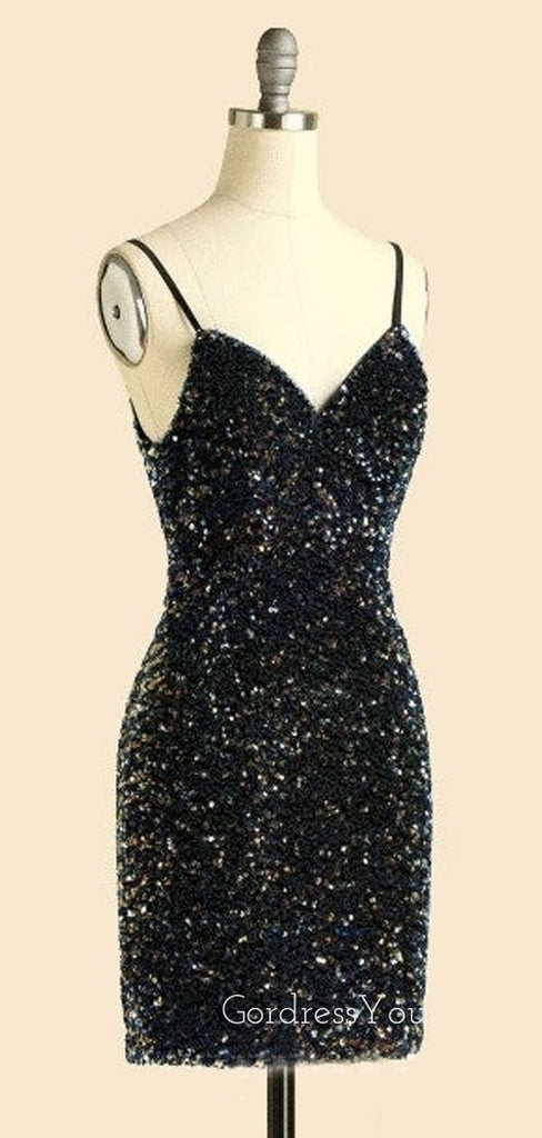 V-neck Spaghetti Straps Black Sequins Short backless Homecoming Dresses, HM1034