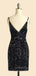 V-neck Spaghetti Straps Black Sequins Short backless Homecoming Dresses, HM1034