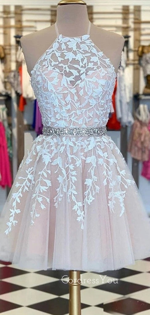 Champagne Tulle Appliques Beaded Short Halter Homecoming Dresses, HM1037