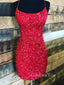 Red Sequins Spaghetti Straps Bateau Short Backless Homecoming Dresses, HM1038