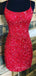 Red Sequins Spaghetti Straps Bateau Short Backless Homecoming Dresses, HM1038