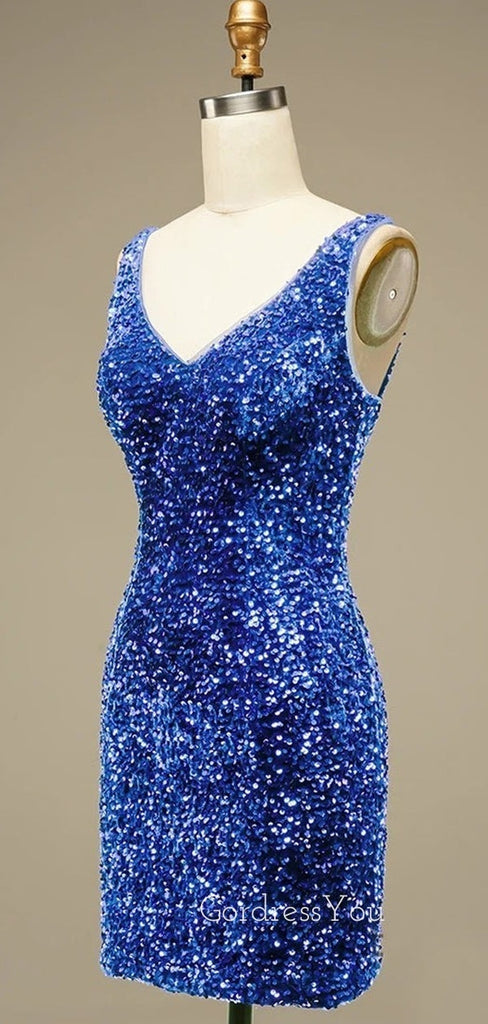 Blue Sequins V-neck Spaghetti Straps Short backless Homecoming Dresses, HM1040