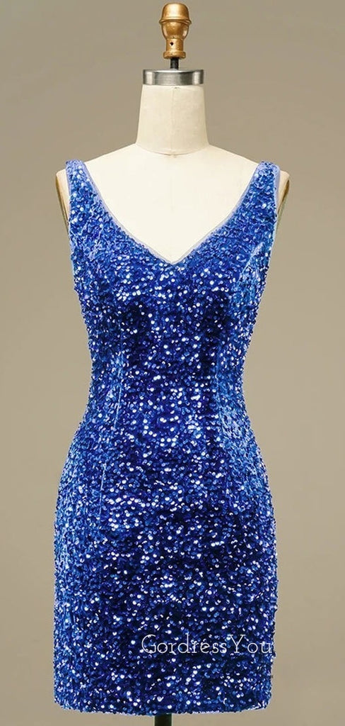 Blue Sequins V-neck Spaghetti Straps Short backless Homecoming Dresses, HM1040