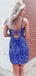 Blue Sequins V-neck Spaghetti Straps Short backless Homecoming Dresses, HM1040