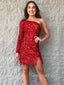 One Shoulder Long Sleeves Sequins Short Homecoming Dresses, HM1041