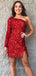 One Shoulder Long Sleeves Sequins Short Homecoming Dresses, HM1041