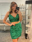 Two Pieces Green Sequins Spaghetti Straps V-neck Short Backless Homecoming Dresses, HM1042