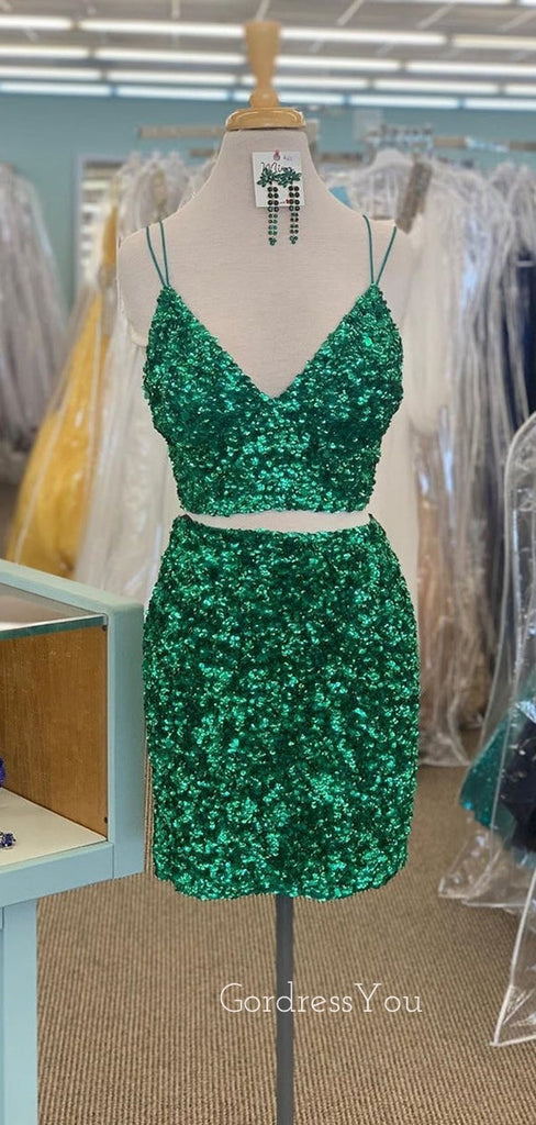 Two Pieces Green Sequins Spaghetti Straps V-neck Short Backless Homecoming Dresses, HM1042