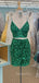 Two Pieces Green Sequins Spaghetti Straps V-neck Short Backless Homecoming Dresses, HM1042