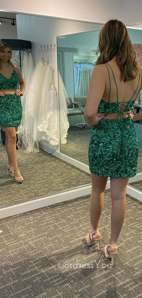 Two Pieces Green Sequins Spaghetti Straps V-neck Short Backless Homecoming Dresses, HM1042