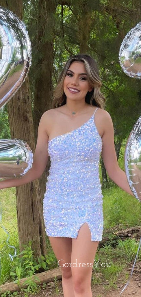 One Shoulder Sequins Short Side Slit Homecoming Dresses, HM1043