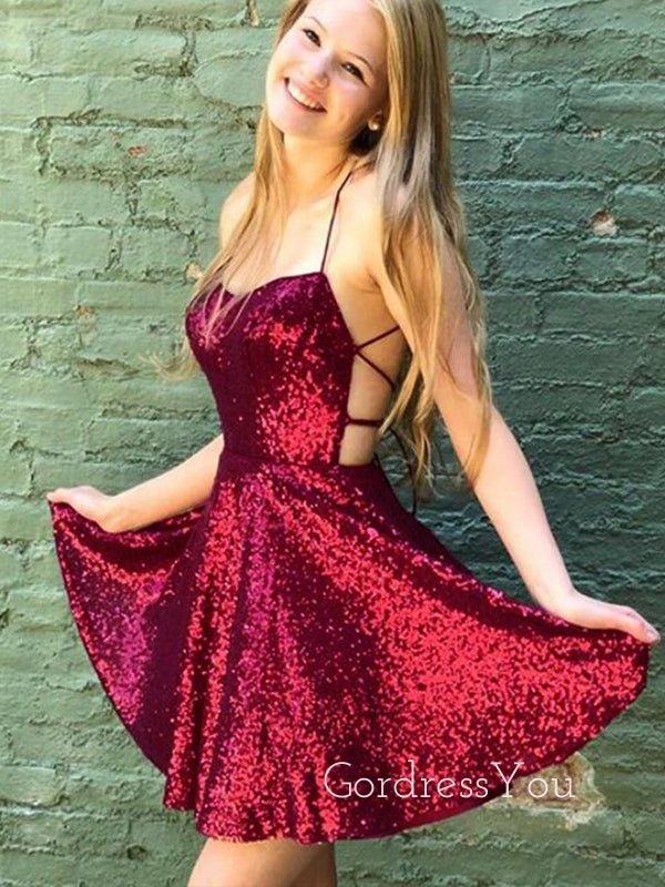 Burgundy Sequins Spaghetti Straps Short Backless Homecoming Dresses, HM1045