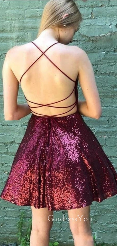 Burgundy Sequins Spaghetti Straps Short Backless Homecoming Dresses, HM1045