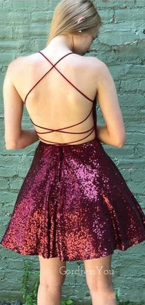 Burgundy Sequins Spaghetti Straps Short Backless Homecoming Dresses, HM1045