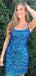 Simple Spaghetti Straps Blue Sequins Bateau Short backless Homecoming Dresses, HM1047