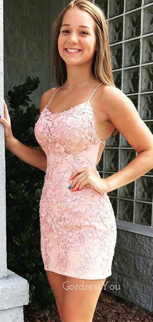 Spaghetti Straps Appliques Backless Short Homecoming Dresses, HM1048