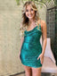 Simple Spaghetti Straps Green Sequins Short backless Homecoming Dresses, HM1049