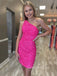 Simple One Shoulder Hot Pink Sequins Short Homecoming Dresses, HM1051